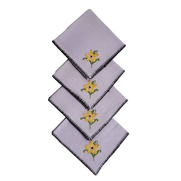 4 Hand Embroidered Cloth Luncheon Napkins Lilac Purple Yellow Flowers 30s Paris - Picture 1 of 12